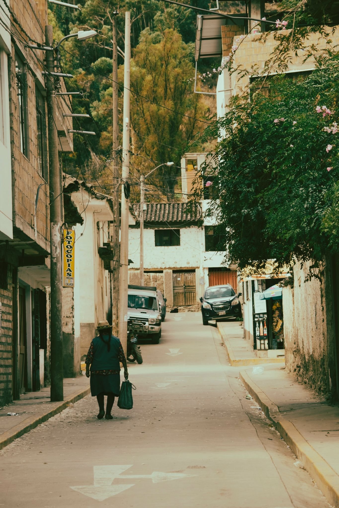 A serene street with an older adult walking, showcasing rustic architecture and lush greenery.